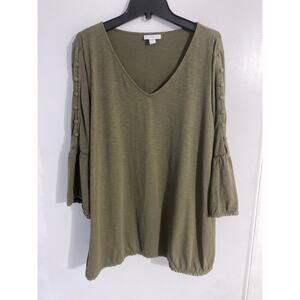 J. Jill top women’s L olive green bell sleeve crochet trim peasant boho casual